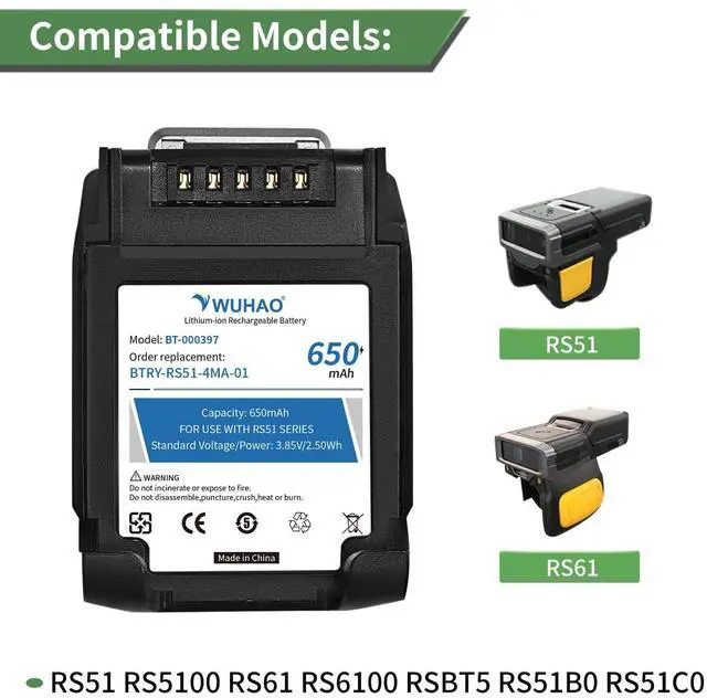 Alt view image 3 of 6 - WUHAO RS5100 Battery BT-000397 BT-000398 650mAh for Zebra RS51 RS5100 RS61 RS6100 RSBT5 RS51B0 RS51C0 Ring Scanner Battery BTRY-RS51-7MA-01 BTRY-RS51-4MA-01