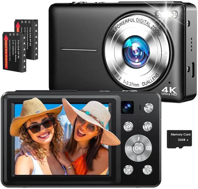 Main image of 4K Digital Camera, 64MP Autofocus Vlogging Camera with Dual Lens, 16X Digital Zoom YouTube Compact Travel Point Shoot Camera for Teens Beginner, Anti-Shake,2 Batteries, 32GB Card (Black)