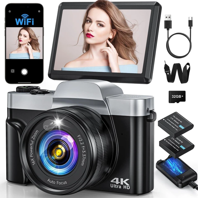 Main image of 4K Digital Camera with WiFi 64MP Autofocus Vlogging Cameras for Photography | Compact Travel Cameras, Point and Shoot Camera for Beginner, 3" 180° Flip Screen 16X Zoom Flash Anti-Shake, Easy to Use