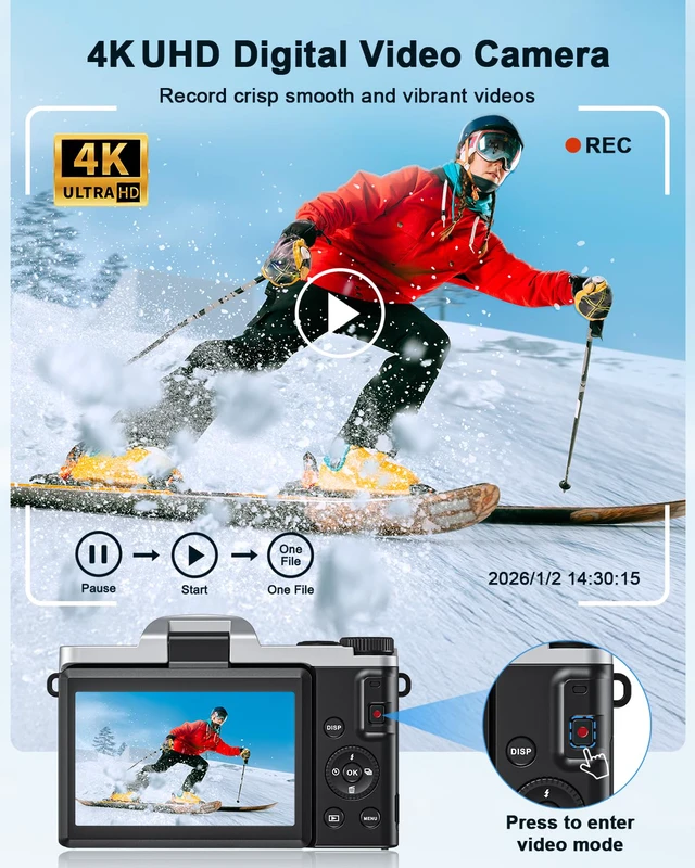 Alt view image 2 of 7 - 4K Digital Camera with WiFi 64MP Autofocus Vlogging Cameras for Photography | Compact Travel Cameras, Point and Shoot Camera for Beginner, 3" 180° Flip Screen 16X Zoom Flash Anti-Shake, Easy to Use