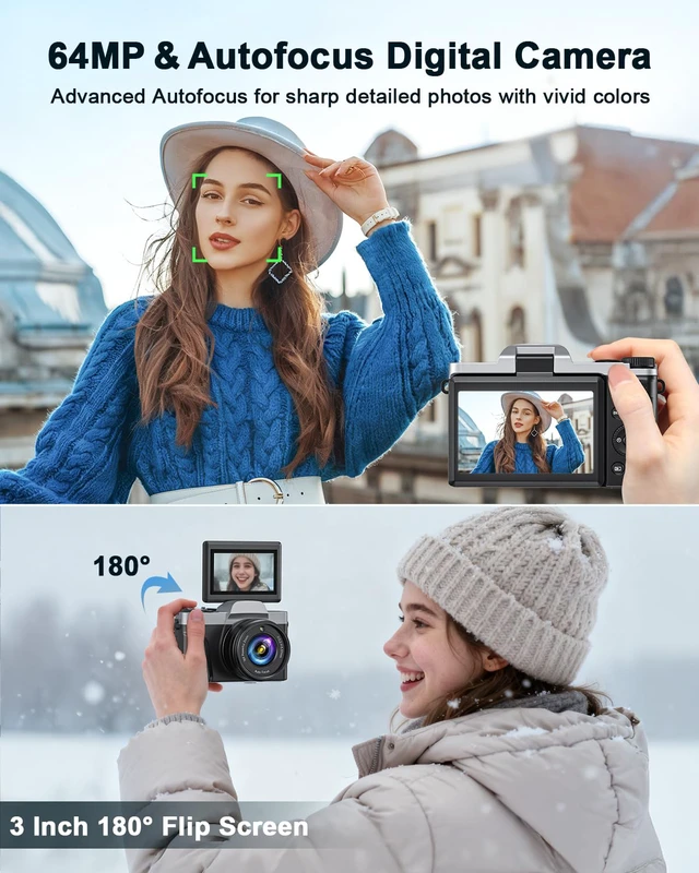 Alt view image 3 of 7 - 4K Digital Camera with WiFi 64MP Autofocus Vlogging Cameras for Photography | Compact Travel Cameras, Point and Shoot Camera for Beginner, 3" 180° Flip Screen 16X Zoom Flash Anti-Shake, Easy to Use
