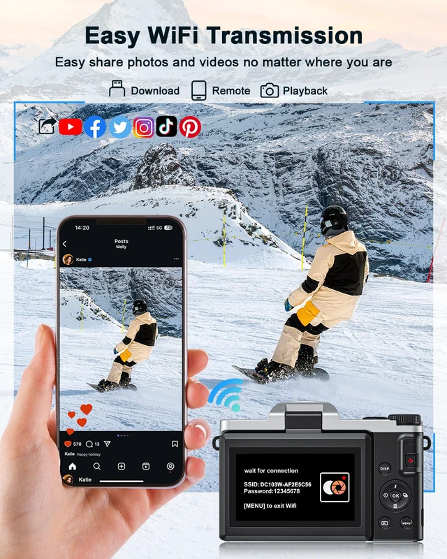 Alt view image 4 of 7 - 4K Digital Camera with WiFi 64MP Autofocus Vlogging Cameras for Photography | Compact Travel Cameras, Point and Shoot Camera for Beginner, 3" 180° Flip Screen 16X Zoom Flash Anti-Shake, Easy to Use