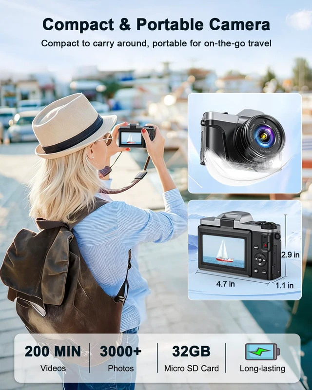 Alt view image 5 of 7 - 4K Digital Camera with WiFi 64MP Autofocus Vlogging Cameras for Photography | Compact Travel Cameras, Point and Shoot Camera for Beginner, 3" 180° Flip Screen 16X Zoom Flash Anti-Shake, Easy to Use