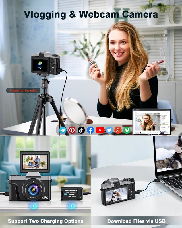 Alt view image 7 of 7 - 4K Digital Camera with WiFi 64MP Autofocus Vlogging Cameras for Photography | Compact Travel Cameras, Point and Shoot Camera for Beginner, 3" 180° Flip Screen 16X Zoom Flash Anti-Shake, Easy to Use