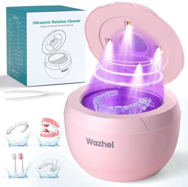 Main image of Wazhel Ultrasonic Retainer Cleaner Machine, 45kHz Dental Cleaning Pod for Denture, Mouth Guard, Night Guard, Aligner, Braces, Toothbrush, 200ML Denture Cleaner with Digital Timer & 4 Modes, Pink
