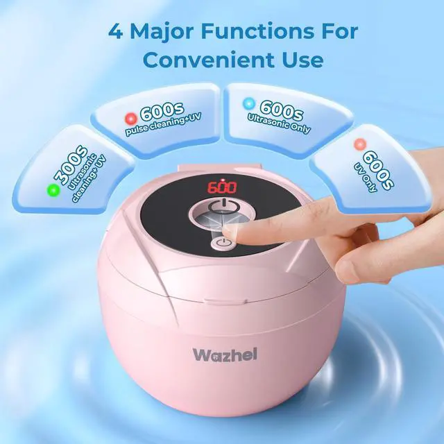Alt view image 4 of 7 - Wazhel Ultrasonic Retainer Cleaner Machine, 45kHz Dental Cleaning Pod for Denture, Mouth Guard, Night Guard, Aligner, Braces, Toothbrush, 200ML Denture Cleaner with Digital Timer & 4 Modes, Pink