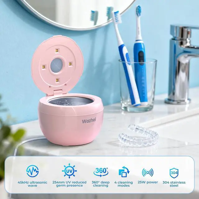 Alt view image 3 of 7 - Wazhel Ultrasonic Retainer Cleaner Machine, 45kHz Dental Cleaning Pod for Denture, Mouth Guard, Night Guard, Aligner, Braces, Toothbrush, 200ML Denture Cleaner with Digital Timer & 4 Modes, Pink