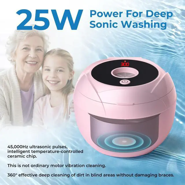 Alt view image 6 of 7 - Wazhel Ultrasonic Retainer Cleaner Machine, 45kHz Dental Cleaning Pod for Denture, Mouth Guard, Night Guard, Aligner, Braces, Toothbrush, 200ML Denture Cleaner with Digital Timer & 4 Modes, Pink