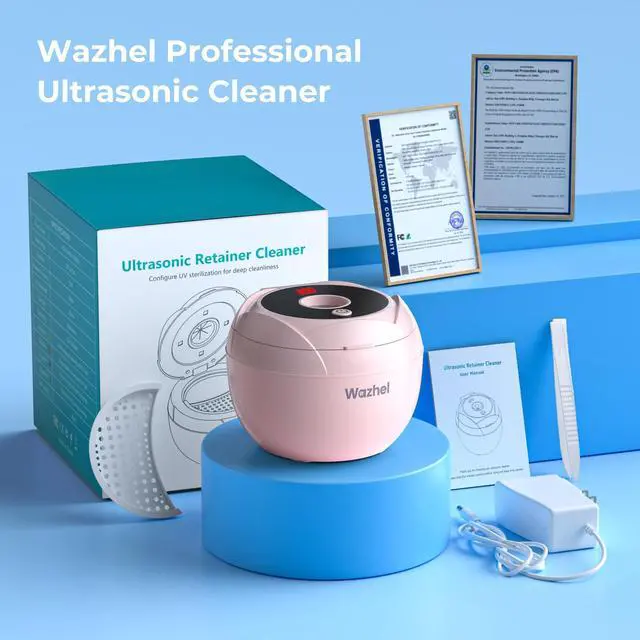 Alt view image 7 of 7 - Wazhel Ultrasonic Retainer Cleaner Machine, 45kHz Dental Cleaning Pod for Denture, Mouth Guard, Night Guard, Aligner, Braces, Toothbrush, 200ML Denture Cleaner with Digital Timer & 4 Modes, Pink