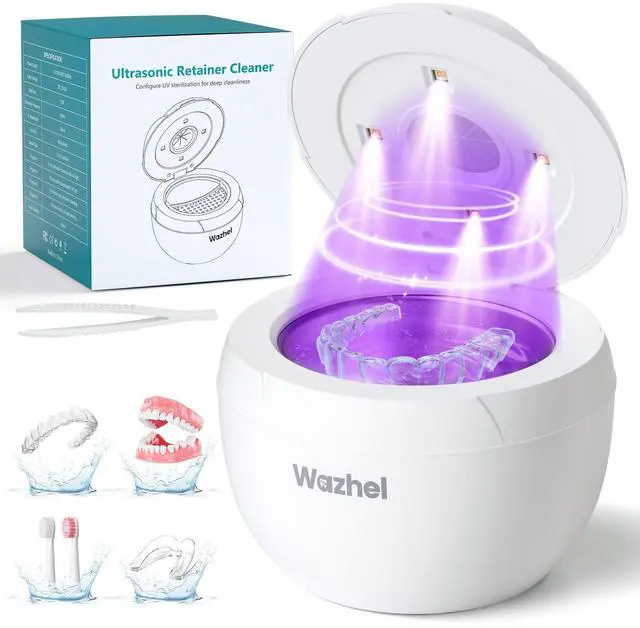Main image of Wazhel Ultrasonic Retainer Cleaner Machine, 45kHz Dental Cleaning Pod for Denture, Mouth Guard, Night Guard, Aligner, Braces, Toothbrush, 200ML Denture Cleaner with Digital Timer & 4 Modes, White