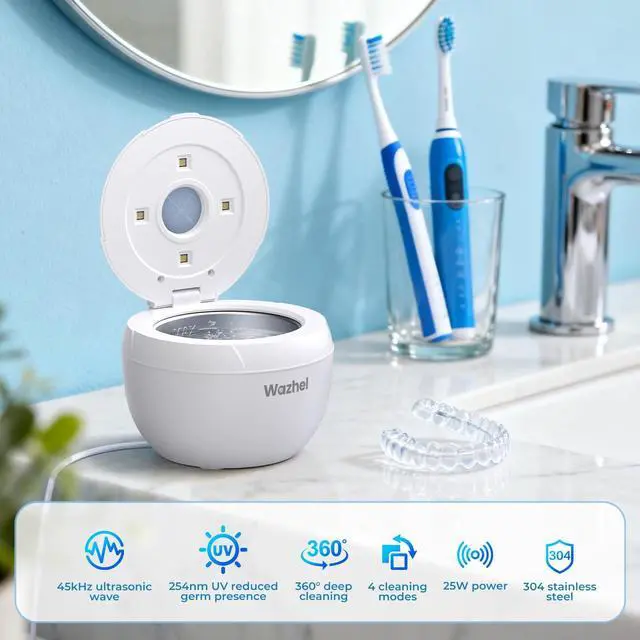 Alt view image 3 of 7 - Wazhel Ultrasonic Retainer Cleaner Machine, 45kHz Dental Cleaning Pod for Denture, Mouth Guard, Night Guard, Aligner, Braces, Toothbrush, 200ML Denture Cleaner with Digital Timer & 4 Modes, White