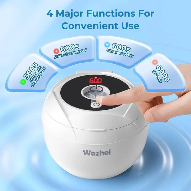 Alt view image 4 of 7 - Wazhel Ultrasonic Retainer Cleaner Machine, 45kHz Dental Cleaning Pod for Denture, Mouth Guard, Night Guard, Aligner, Braces, Toothbrush, 200ML Denture Cleaner with Digital Timer & 4 Modes, White