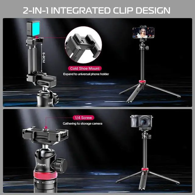 Alt view image 7 of 7 - ULANZI MT-44 Extendable Phone Tripod, 59" Selfie Stick Vlog Stand with 2 in 1 Phone Clip, 360° Ball Head Camera Tripod for iPhone Sony DJI Osmo Nano Action Camera, Lightweight for Travel