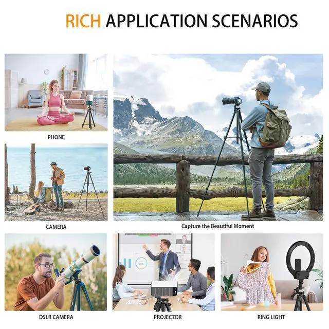 Alt view image 2 of 7 - 60 Camera Tripod Lightweight Travel Tripod Stand Compatible with Canon Nikon DSLR Cameras with Wireless Remote Phone Holder and Bag Max Load 6.6 LB Black