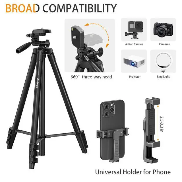 Alt view image 3 of 7 - 60 Camera Tripod Lightweight Travel Tripod Stand Compatible with Canon Nikon DSLR Cameras with Wireless Remote Phone Holder and Bag Max Load 6.6 LB Black
