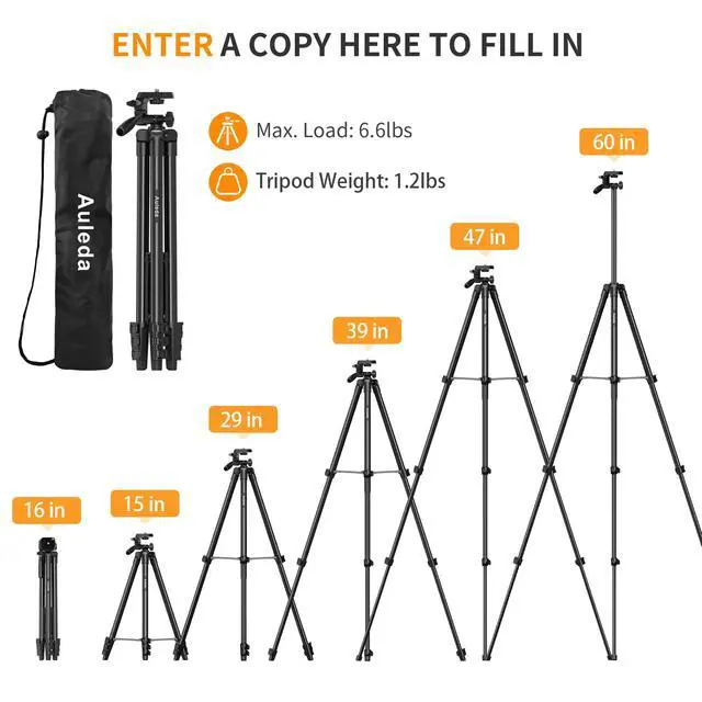 Alt view image 4 of 7 - 60 Camera Tripod Lightweight Travel Tripod Stand Compatible with Canon Nikon DSLR Cameras with Wireless Remote Phone Holder and Bag Max Load 6.6 LB Black