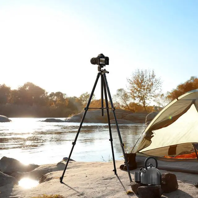 Alt view image 7 of 7 - 60 Camera Tripod Lightweight Travel Tripod Stand Compatible with Canon Nikon DSLR Cameras with Wireless Remote Phone Holder and Bag Max Load 6.6 LB Black