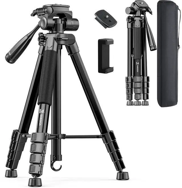 Main image of 73" Camera Tripod Stand, Aluminum Tripod with Phone Holder, Travel Bag, Compatible with GoPro/DSLR/Cell Phone/Camcorder, Max Load 8.8LB (Black)