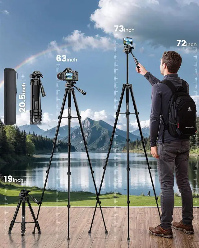 Alt view image 3 of 6 - 73" Camera Tripod Stand, Aluminum Tripod with Phone Holder, Travel Bag, Compatible with GoPro/DSLR/Cell Phone/Camcorder, Max Load 8.8LB (Black)