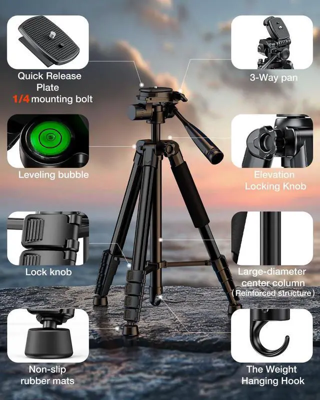 Alt view image 6 of 6 - 73" Camera Tripod Stand, Aluminum Tripod with Phone Holder, Travel Bag, Compatible with GoPro/DSLR/Cell Phone/Camcorder, Max Load 8.8LB (Black)