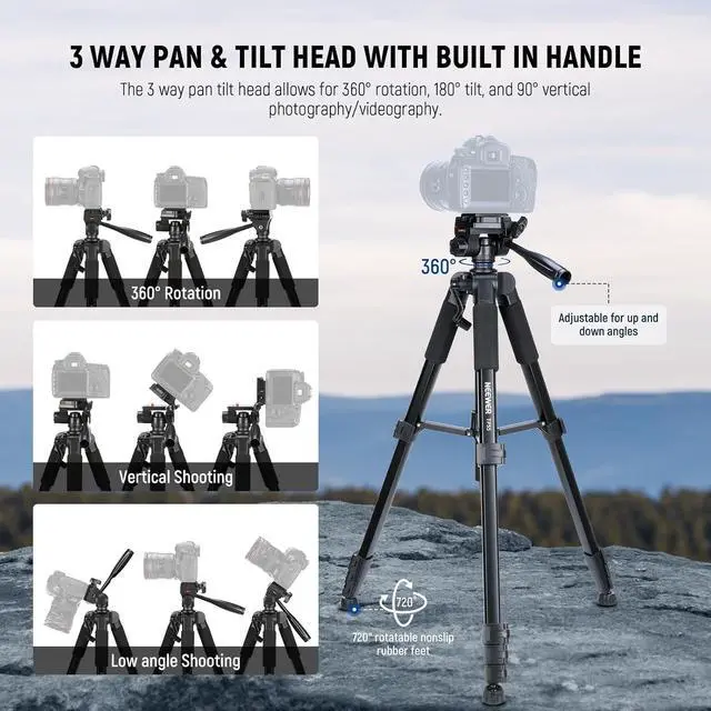 Alt view image 3 of 7 - NEEWER BASICS Camera Tripod, 71'' Tripod with Cell Phone Holder Mount Compatible with iPhone for Video Recording, Professional Aluminum Lightweight Portable Travel Stand with 3 Way Pan Tilt Head, TP55