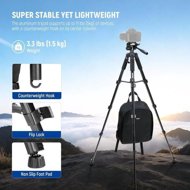 Alt view image 4 of 7 - NEEWER BASICS Camera Tripod, 71'' Tripod with Cell Phone Holder Mount Compatible with iPhone for Video Recording, Professional Aluminum Lightweight Portable Travel Stand with 3 Way Pan Tilt Head, TP55