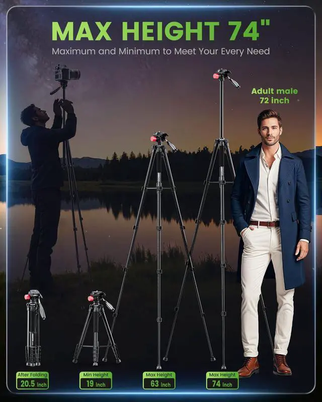 Alt view image 3 of 6 - CAMBOFOTO 74"-Camera-Tripod, Porfessional Aluminum Heavy Duty Tripod Stand for Mirrorless Camera/DSLR/Cell Phone/Camcorder, with Holder and Travel Bag