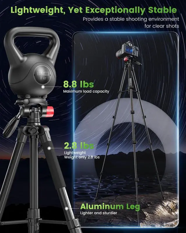 Alt view image 2 of 6 - CAMBOFOTO 74"-Camera-Tripod, Porfessional Aluminum Heavy Duty Tripod Stand for Mirrorless Camera/DSLR/Cell Phone/Camcorder, with Holder and Travel Bag