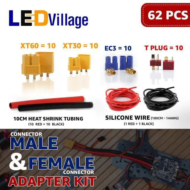Alt view image 2 of 5 - Ledvillage 62pcs T-Plug / XT30 / XT60 / EC3 Male & Female Plug Adapter Connectors Kit 14 AWG Silicone Wire and Heat Shrink Tubing for RC Lipo Battery Accessories ESC Motor