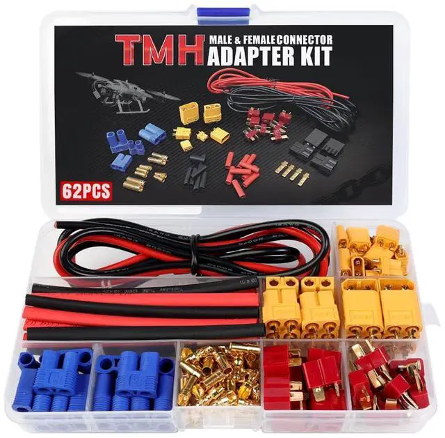 Main image of 62 Pcs TMH EC3 / XT30 / XT60 / T-Plug Male and Female Adapter Connector Plug Kit with 14 AWG Silicone Wire and Heat Shrink Tubing for RC ESC Lipo Battery Motor Accessories (Total 62 PCS)