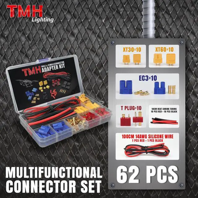 Alt view image 2 of 5 - 62 Pcs TMH EC3 / XT30 / XT60 / T-Plug Male and Female Adapter Connector Plug Kit with 14 AWG Silicone Wire and Heat Shrink Tubing for RC ESC Lipo Battery Motor Accessories (Total 62 PCS)
