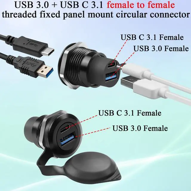 Alt view image 2 of 7 - QIANRENON USB3.0 & USB C 3.1 Threaded Fixing Circular Connector USB3.0+USB Type C 3.1 Female to Female Embedded Panel Mount Adapter 2 Port Socket, Dust Cover, Mounted on Device Panel Dashboard