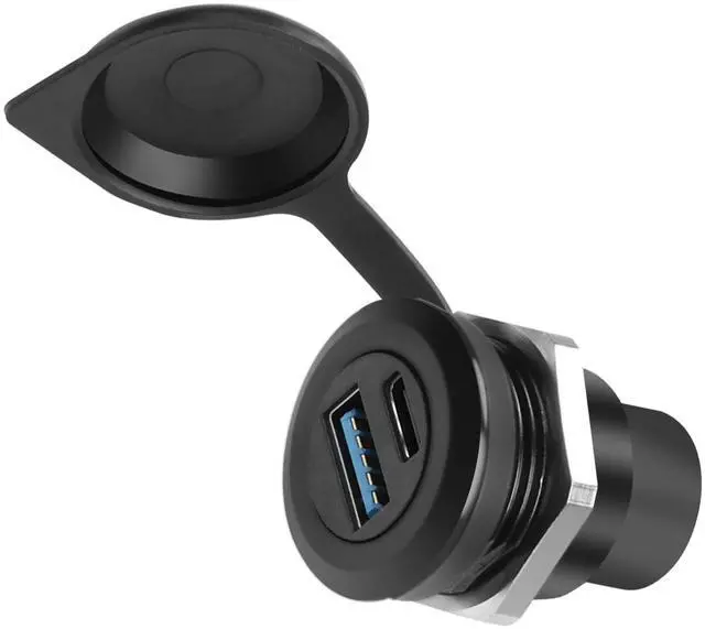 Main image of QIANRENON USB3.0 & USB C 3.1 Threaded Fixing Circular Connector USB3.0+USB Type C 3.1 Female to Female Embedded Panel Mount Adapter 2 Port Socket, Dust Cover, Mounted on Device Panel Dashboard