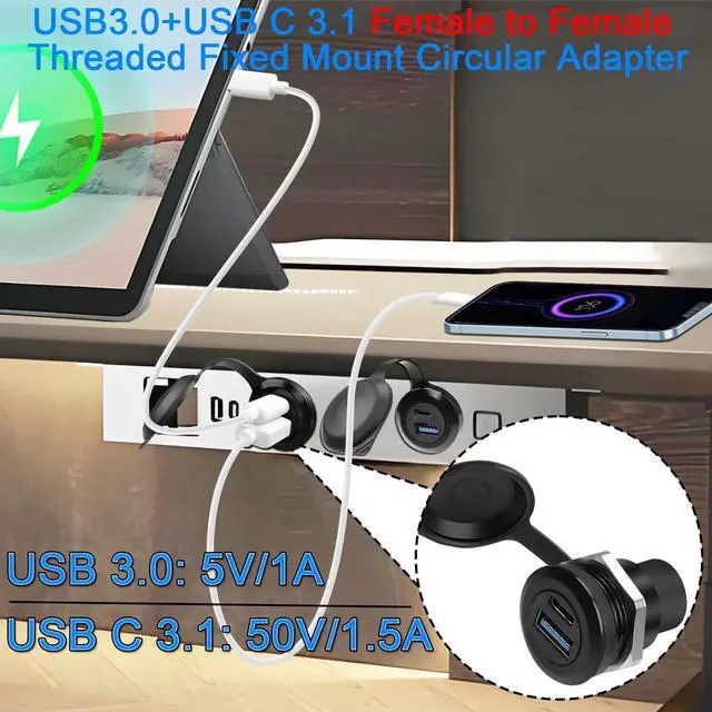Alt view image 5 of 7 - QIANRENON USB3.0 & USB C 3.1 Threaded Fixing Circular Connector USB3.0+USB Type C 3.1 Female to Female Embedded Panel Mount Adapter 2 Port Socket, Dust Cover, Mounted on Device Panel Dashboard