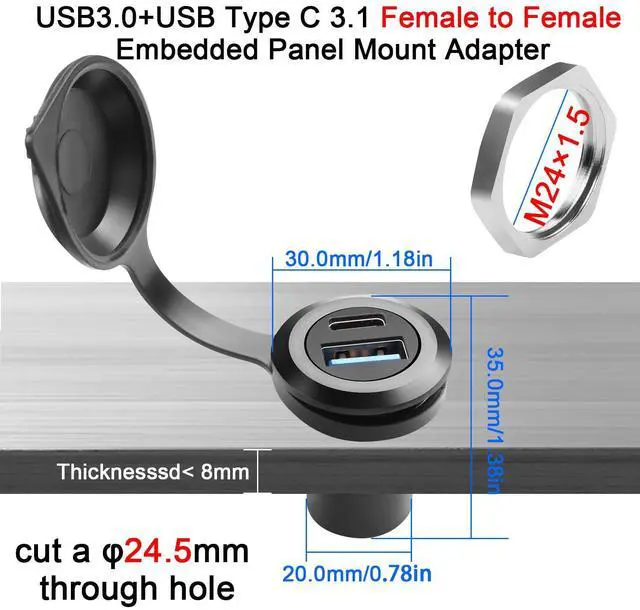 Alt view image 3 of 7 - QIANRENON USB3.0 & USB C 3.1 Threaded Fixing Circular Connector USB3.0+USB Type C 3.1 Female to Female Embedded Panel Mount Adapter 2 Port Socket, Dust Cover, Mounted on Device Panel Dashboard
