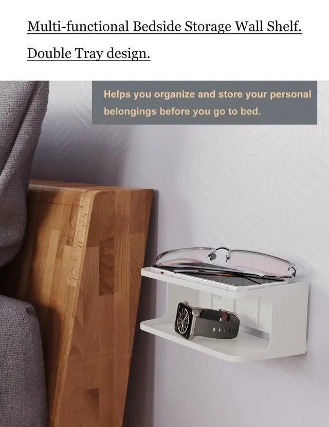 Alt view image 2 of 7 - NOTMBESTM 2-Shelf Bedside Shelf Organizer, Modern/Contemporary Style, Wall Mount, Double Tray Holder for Bedroom, Bathroom, Electronic Devices, Personal Items