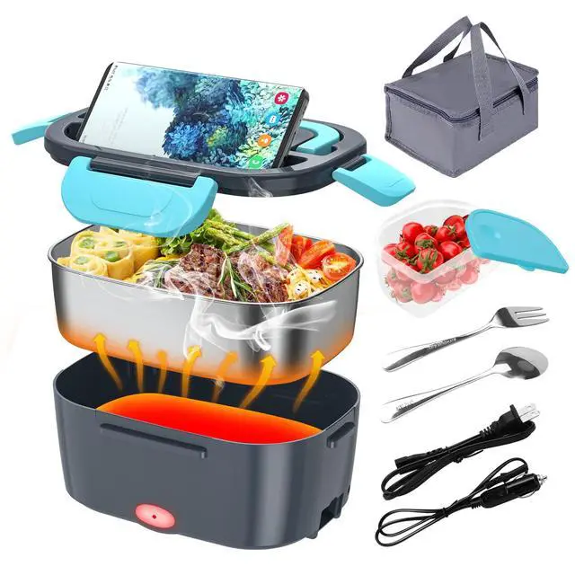 Main image of CHARMDOO Electric Lunch Box, Food Warmer Heater 12V 24V 110V, 80W Faster Heated Lunch Box for Car/Truck/Home Portable Heating Boxes with 1.5L 304 SS Container Fork & Spoon
