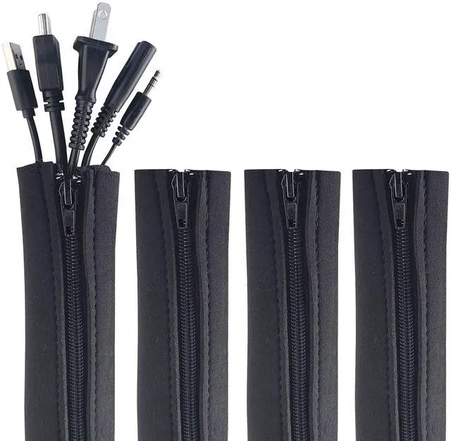 Main image of Zipper Cable Sleeve by Wrap-It Storage - 24" x 4" (4-Pack) Black - Cord Organizer and Cable Protector for Desk, Computer, TV Cord Management to Hide and Cover Wire and Extension Cables
