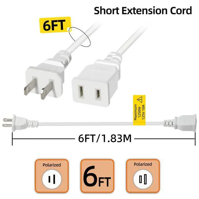 Alt view image 4 of 7 - 6FT 2 Prong White Slender Short Extension Cord, 18AWG NISPT-2 10A 125V Polarized Plug - Indoor Small Single Power Cord Wire for Christmas Lights, Behind TV/Couch, Home Office Use (2 Pack)