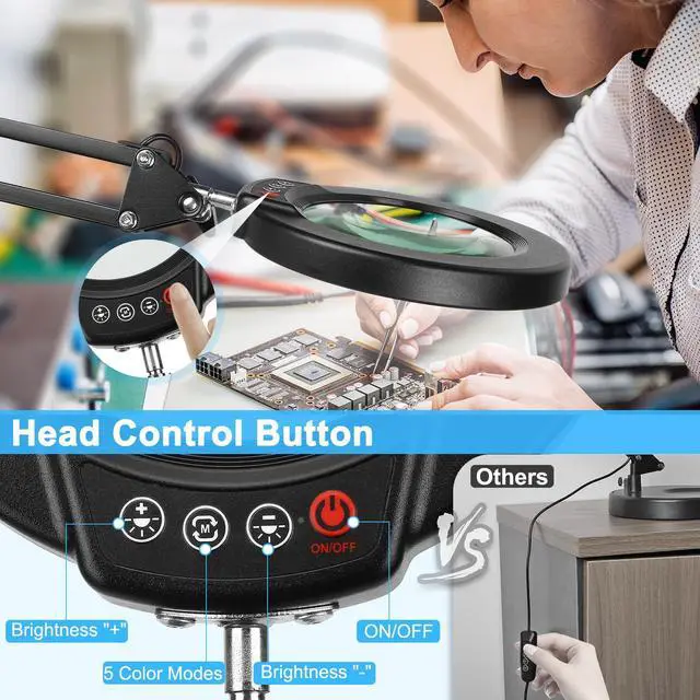 Alt view image 3 of 7 - Coyeth 10X Magnifying Glass with Light and Clamp, Real Glass Stand Lighted Magnifier, 5 Color Modes Stepless Dimmable LED Desk Lamp Hands Free for Crafts Hobby Reading Painting Sewing Close Work