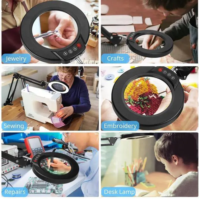 Alt view image 7 of 7 - Coyeth 10X Magnifying Glass with Light and Clamp, Real Glass Stand Lighted Magnifier, 5 Color Modes Stepless Dimmable LED Desk Lamp Hands Free for Crafts Hobby Reading Painting Sewing Close Work