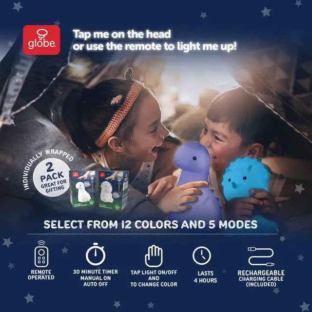 Alt view image 5 of 7 - GLOBE Electric 13360 6" Triceratops and 9" Brontosaurus Giggling Dinosaur Duo Multicolor Changing Integrated LED Rechargeable Silicone Night Light, White, Table Lamps for Living Room, Bedroom, Den