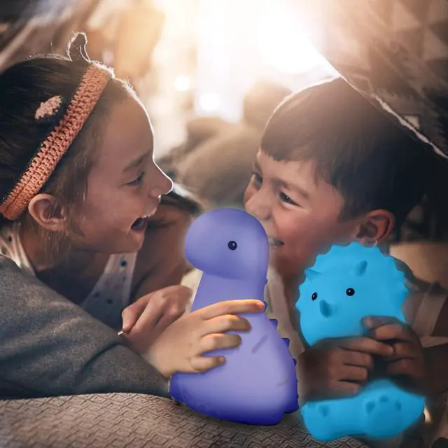 Alt view image 4 of 7 - GLOBE Electric 13360 6" Triceratops and 9" Brontosaurus Giggling Dinosaur Duo Multicolor Changing Integrated LED Rechargeable Silicone Night Light, White, Table Lamps for Living Room, Bedroom, Den