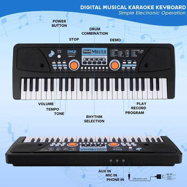 Alt view image 2 of 7 - Pyle Electric Keyboard Piano - 49-Key Portable Digital Karaoke Piano with Stereo Speakers, Rechargeable Battery, and Wired Microphone for Beginners, Kids, Adults - 8 Rhythms, 16 Tones