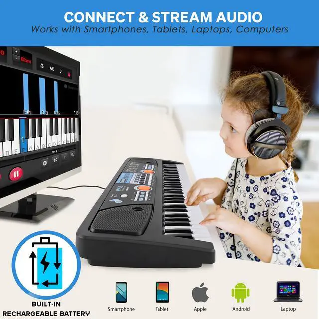 Alt view image 6 of 7 - Pyle Electric Keyboard Piano - 49-Key Portable Digital Karaoke Piano with Stereo Speakers, Rechargeable Battery, and Wired Microphone for Beginners, Kids, Adults - 8 Rhythms, 16 Tones