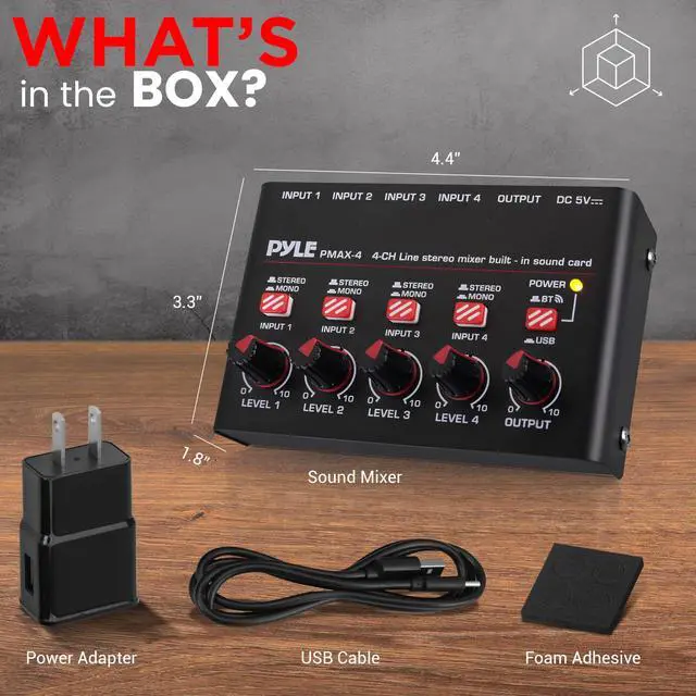 Alt view image 2 of 7 - 4-Channel Bluetooth Mini Line Mixer with USB Audio Interface - 4 Mono/Stereo Switching Inputs | Ultra-low Noise Design with High Headroom | Built-in USB-C Sound Card - PMAX4