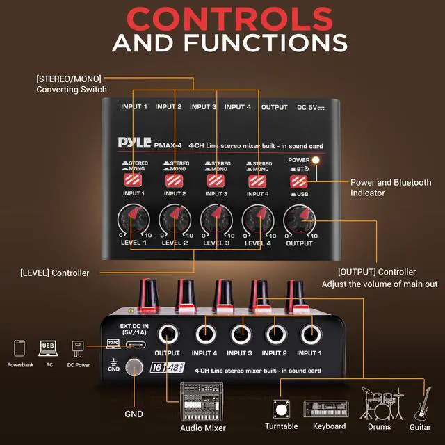 Alt view image 3 of 7 - 4-Channel Bluetooth Mini Line Mixer with USB Audio Interface - 4 Mono/Stereo Switching Inputs | Ultra-low Noise Design with High Headroom | Built-in USB-C Sound Card - PMAX4