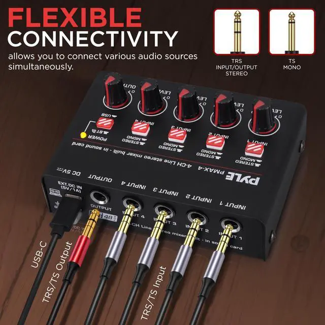 Alt view image 4 of 7 - 4-Channel Bluetooth Mini Line Mixer with USB Audio Interface - 4 Mono/Stereo Switching Inputs | Ultra-low Noise Design with High Headroom | Built-in USB-C Sound Card - PMAX4