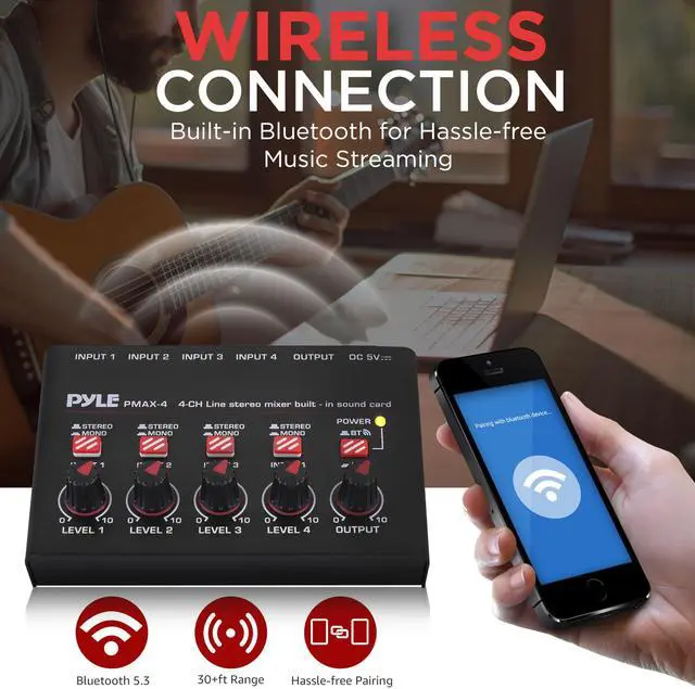 Alt view image 5 of 7 - 4-Channel Bluetooth Mini Line Mixer with USB Audio Interface - 4 Mono/Stereo Switching Inputs | Ultra-low Noise Design with High Headroom | Built-in USB-C Sound Card - PMAX4