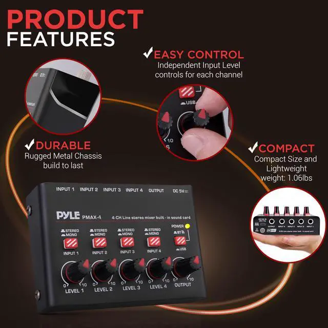 Alt view image 7 of 7 - 4-Channel Bluetooth Mini Line Mixer with USB Audio Interface - 4 Mono/Stereo Switching Inputs | Ultra-low Noise Design with High Headroom | Built-in USB-C Sound Card - PMAX4
